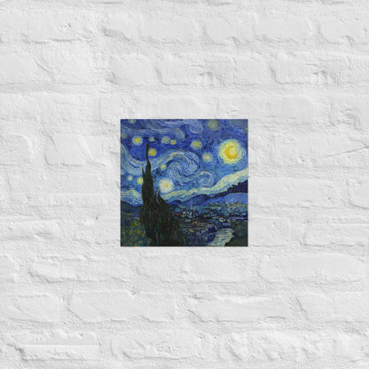 Van Gogh's 'Starry Night' on a 12"x12" unframed poster print on a white brick wall.
