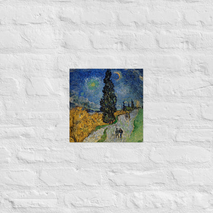 Van Gogh's 'Road with Cypress and Star' on a 12"x12" unframed poster print on a white brick wall.