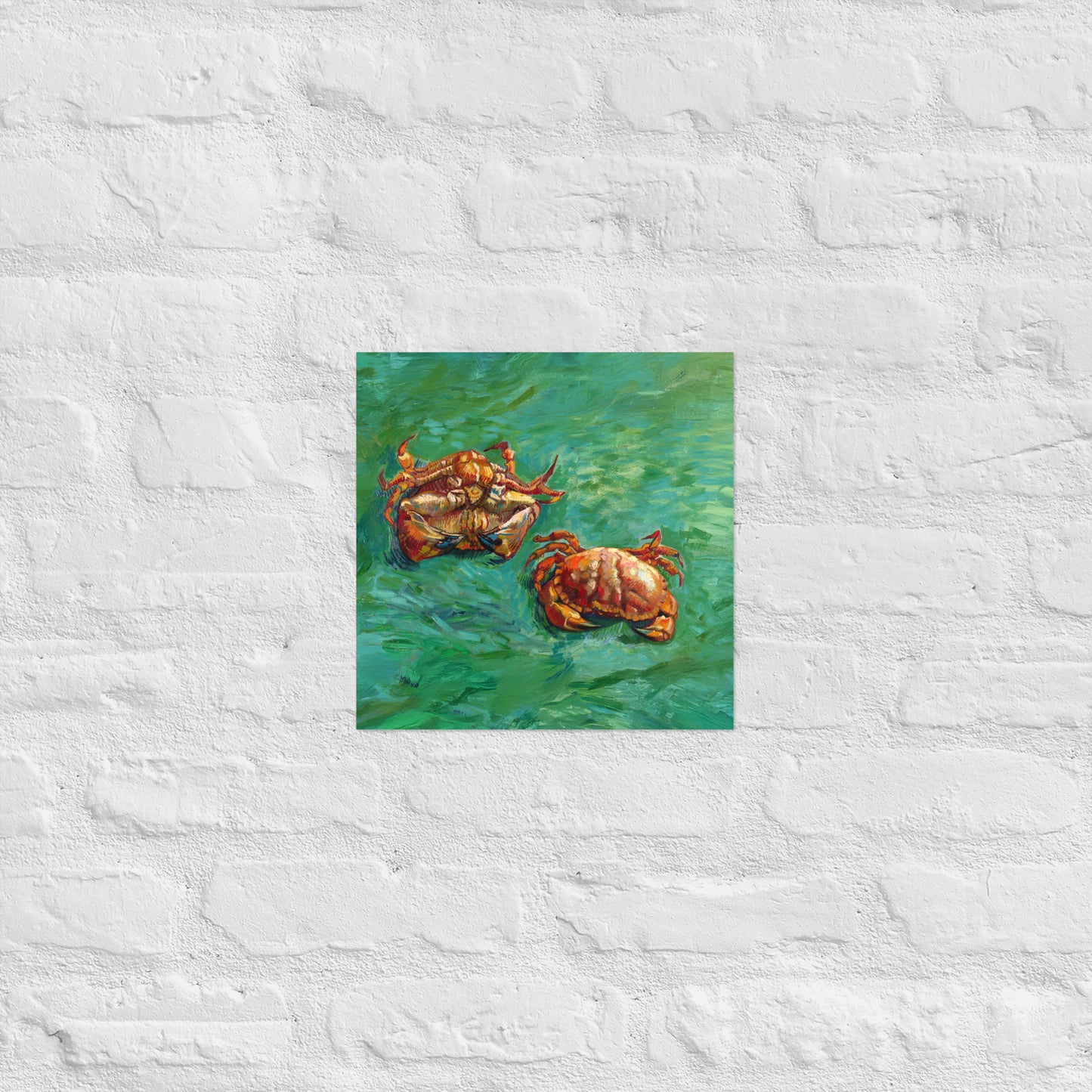 Van Gogh's 'Two Crabs' on a 12"x12" unframed poster print on a white brick wall.