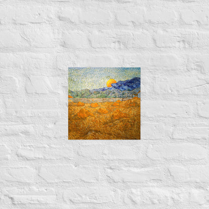 Van Gogh's 'Landscape with Wheat Sheaves and Rising Moon' on a 12"x12" unframed poster print on a white brick wall.