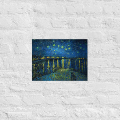 Van Gogh's 'Starry Night Over the Rhone' on a 12"x16" unframed poster print on a white brick wall.