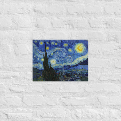 Van Gogh's 'Starry Night' on a 12"x16" unframed poster print on a white brick wall.