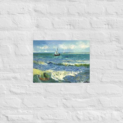 Van Gogh's 'The Sea at Les Saintes-Maries-de-la-Mer' on a 12"x16" unframed poster print on a white brick wall.