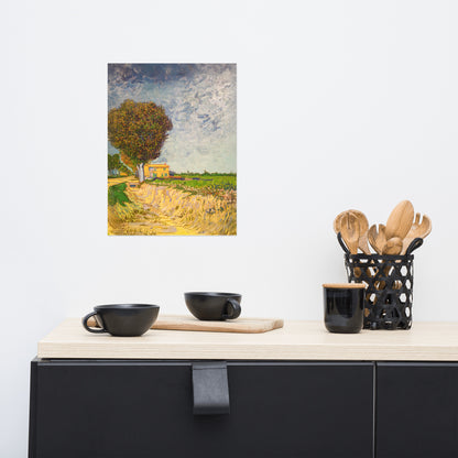 Van Gogh's 'A Lane near Arles' on a 12"x16" unframed poster print on a white wall above a kitchen counter with cooking supplies.