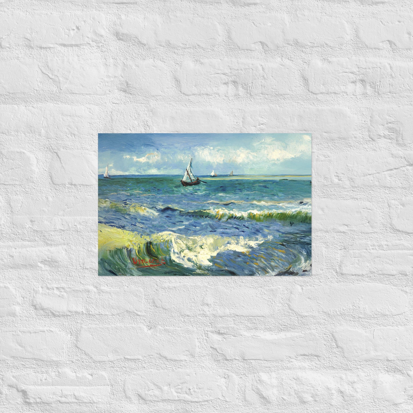 Van Gogh's 'The Sea at Les Saintes-Maries-de-la-Mer' on a 12"x18" unframed poster print on a white brick wall.