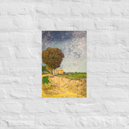 Van Gogh's 'A Lane near Arles' on a 12"x18" unframed poster print on a white brick wall.