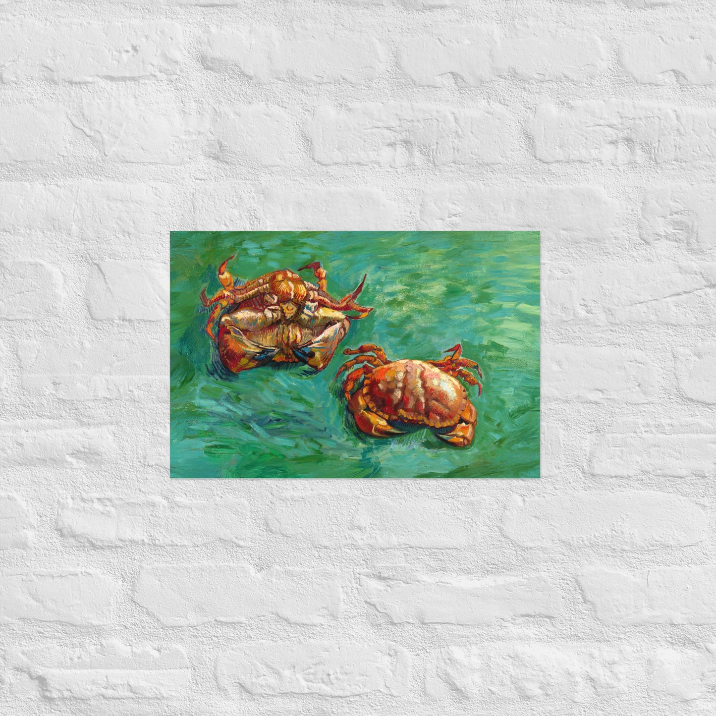 Van Gogh's 'Two Crabs' on a 12"x18" unframed poster print on a white brick wall.