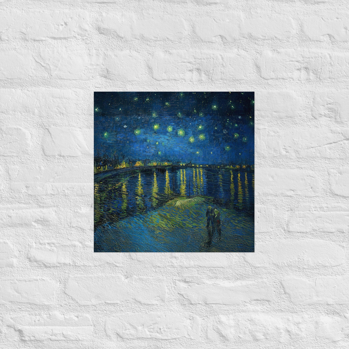 Van Gogh's 'Starry Night Over the Rhone' on a 16"x16" unframed poster print on a white brick wall.