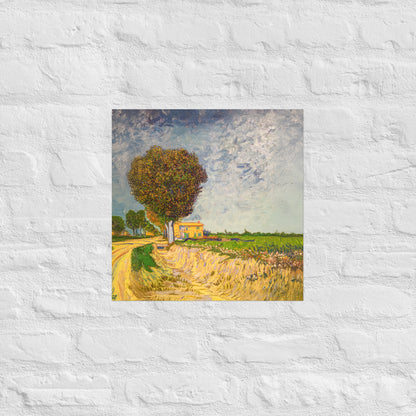 Van Gogh's 'A Lane near Arles' on a 16"x16" unframed poster print on a white brick wall.