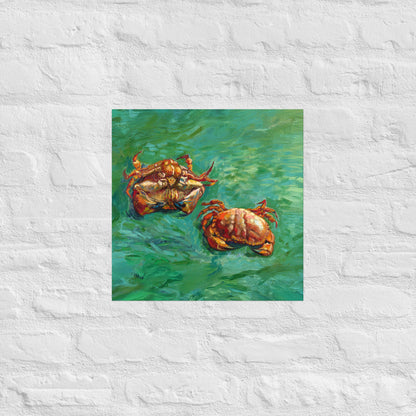 Van Gogh's 'Two Crabs' on a 16"x16" unframed poster print on a white brick wall.