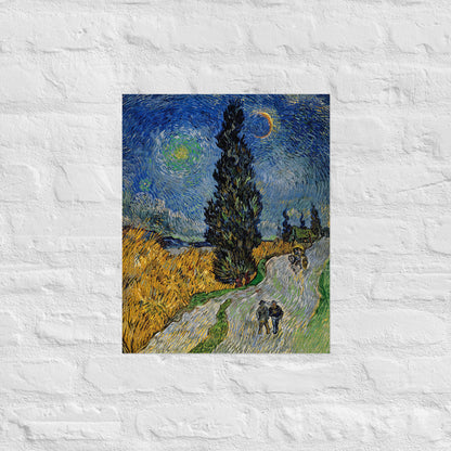 Van Gogh's 'Road with Cypress and Star' on a 16"x20" unframed poster print on a white brick wall.