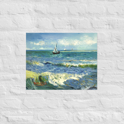 Van Gogh's 'The Sea at Les Saintes-Maries-de-la-Mer' on a 16"x20" unframed poster print on a white brick wall.