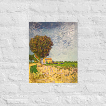 Van Gogh's 'A Lane near Arles' on a 16"x20" unframed poster print on a white brick wall.
