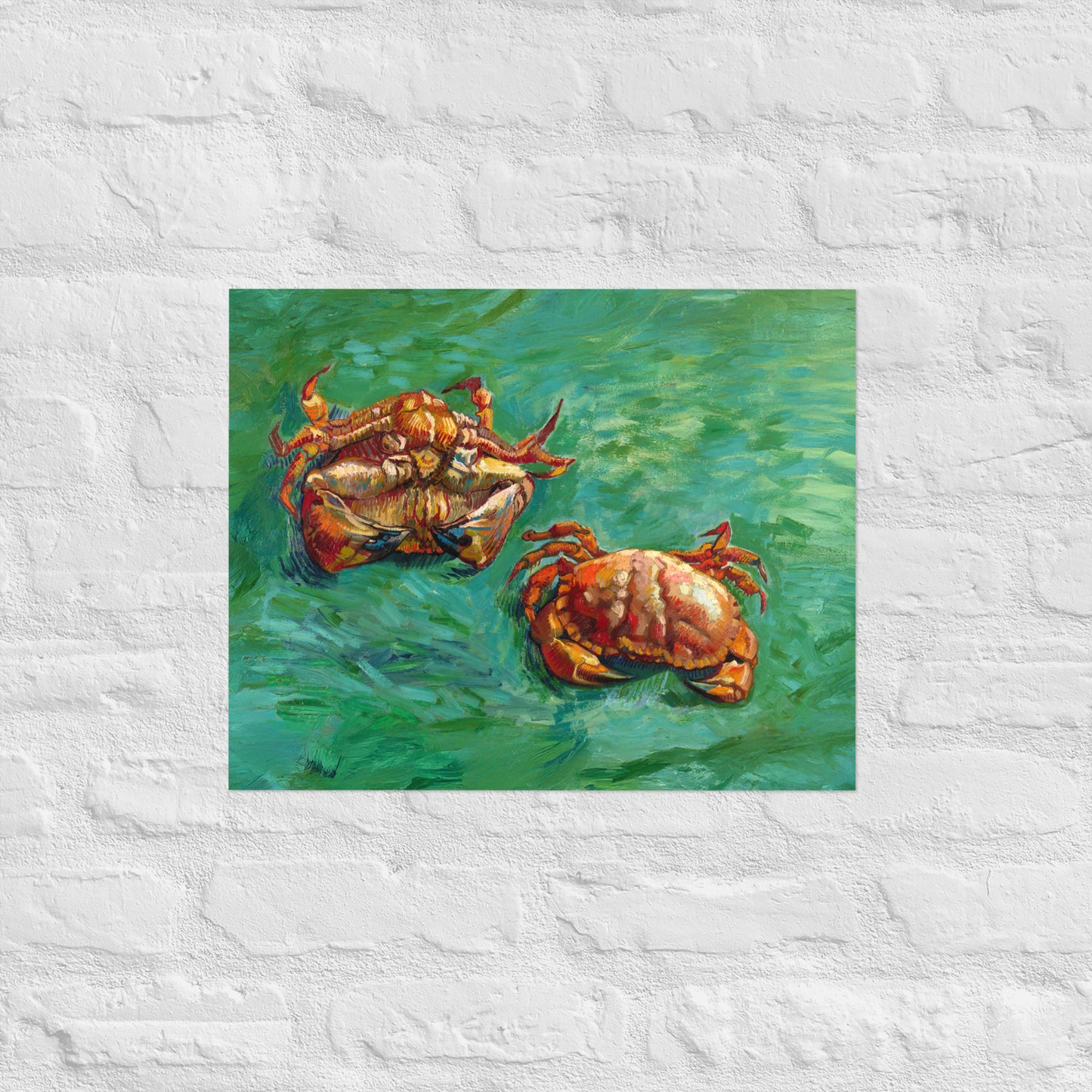 Van Gogh's 'Two Crabs' on a 16"x20" unframed poster print on a white brick wall.