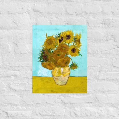 Van Gogh's 'Vase with Twelve Sunflowers' on a 16"x20" unframed poster print on a white brick wall.