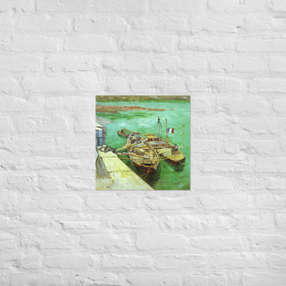 Van Gogh's 'Quay with Men Unloading Sand Barges' on a 18"x18" unframed poster print on a white brick wall.