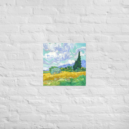 Van Gogh's 'Wheat Field with Cypresses' on a 18"x18" unframed poster print on a white brick wall.
