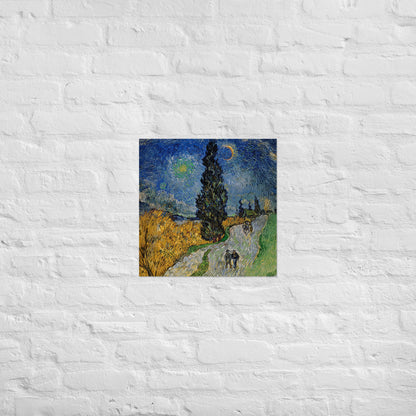 Van Gogh's 'Road with Cypress and Star' on a 18"x18" unframed poster print on a white brick wall.