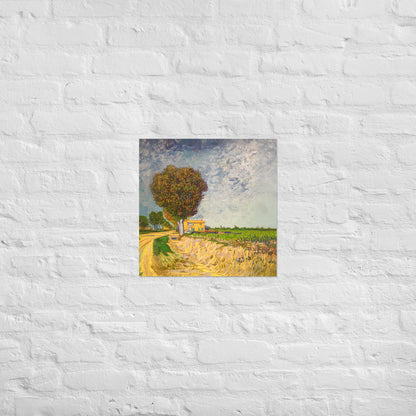 Van Gogh's 'A Lane near Arles' on a 18"x18" unframed poster print on a white brick wall.