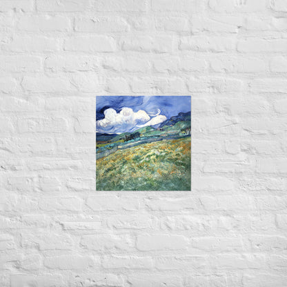 Van Gogh's 'Landscape from Saint-Rémy' on a 18"x18" unframed poster print on a white brick wall.