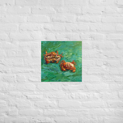 Van Gogh's 'Two Crabs' on a 18"x18" unframed poster print on a white brick wall.