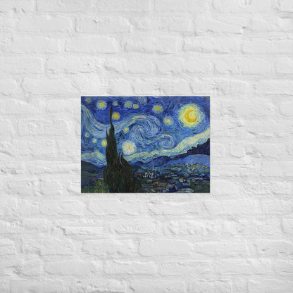 Van Gogh's 'Starry Night' on a 18"x24" unframed poster print on a white brick wall.