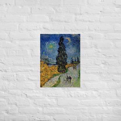 Van Gogh's 'Road with Cypress and Star' on a 18"x24" unframed poster print on a white brick wall.