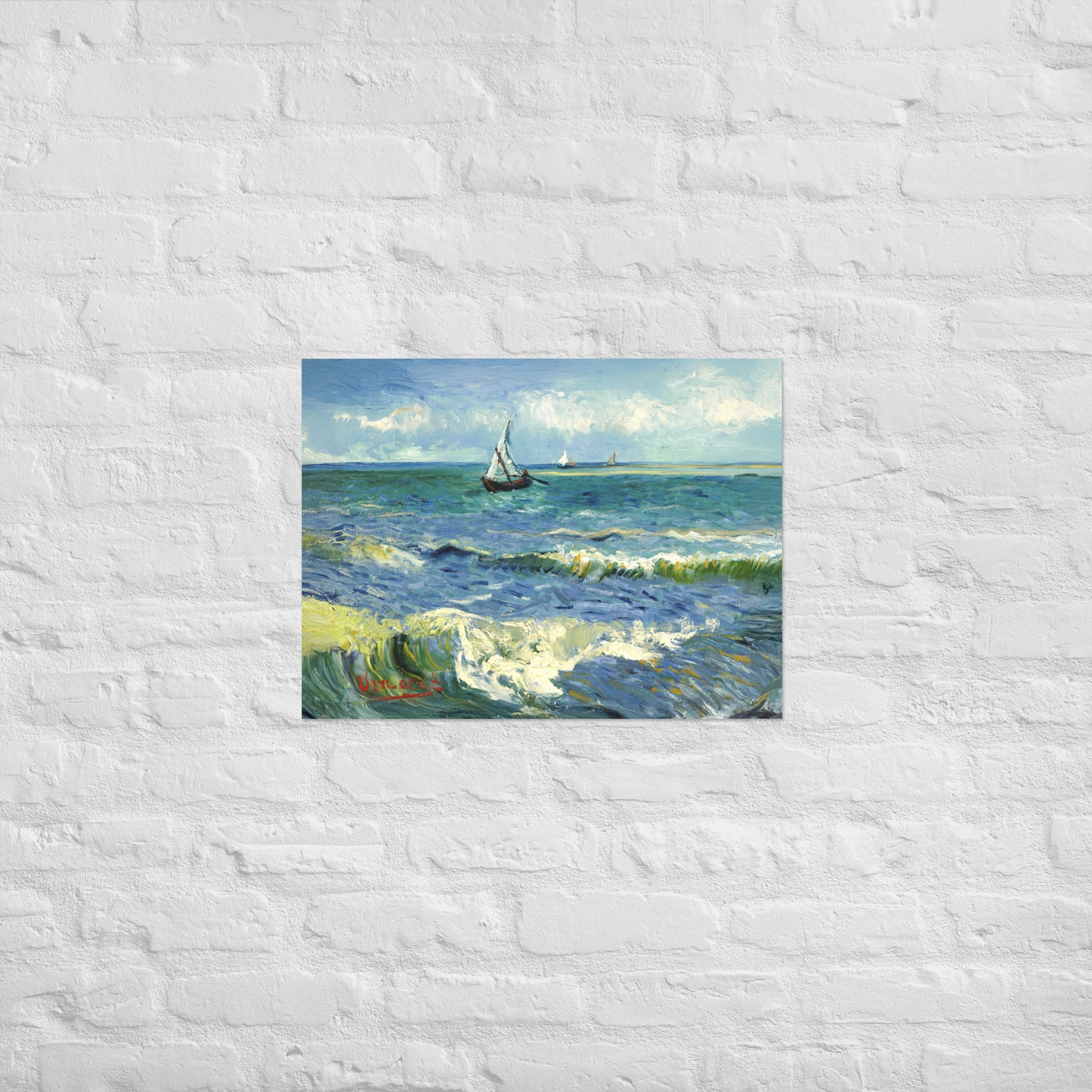 Van Gogh's 'The Sea at Les Saintes-Maries-de-la-Mer' on a 18"x24" unframed poster print on a white brick wall.