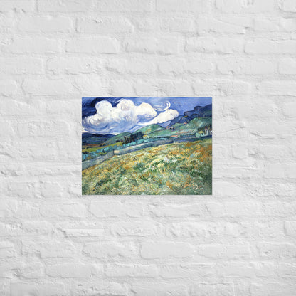Van Gogh's 'Landscape from Saint-Rémy' on a 18"x24" unframed poster print on a white brick wall.