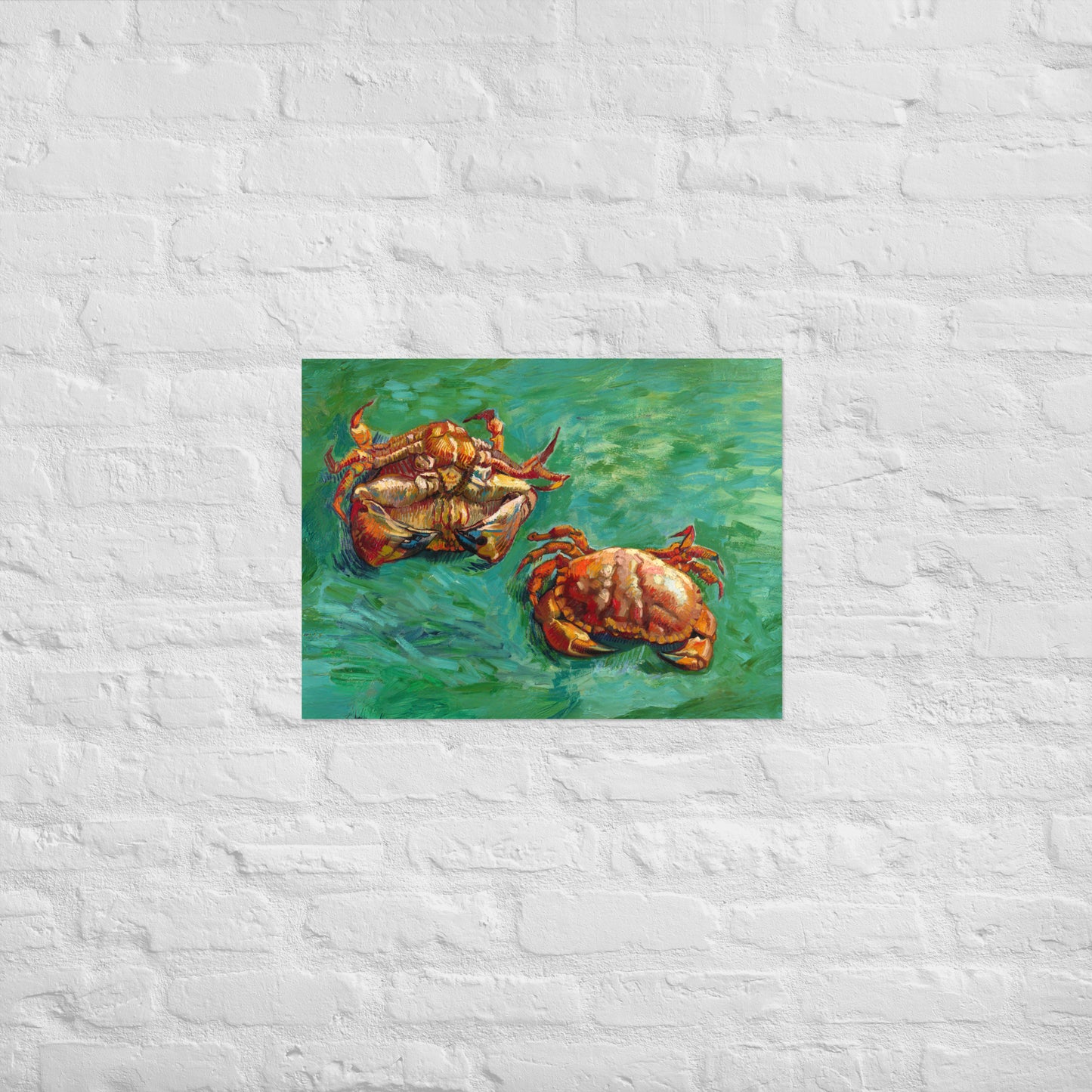 Van Gogh's 'Two Crabs' on a 18"x24" unframed poster print on a white brick wall.