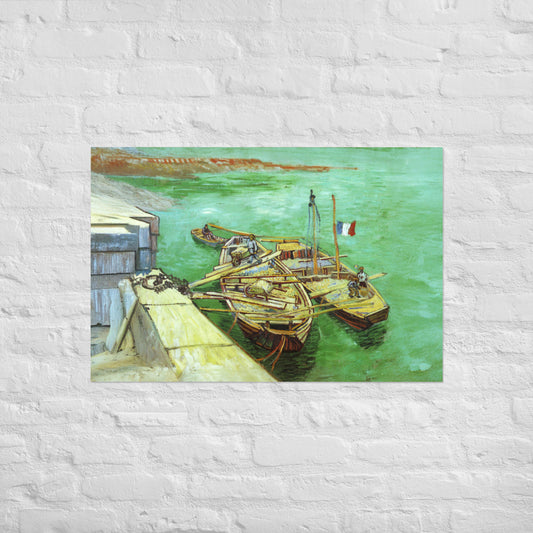 Van Gogh's 'Quay with Men Unloading Sand Barges' on a 24"x36" unframed poster print on a white brick wall.