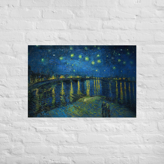 Van Gogh's 'Starry Night Over the Rhone' on a 24"x36" unframed poster print on a white brick wall.
