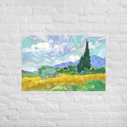 Van Gogh's 'Wheat Field with Cypresses' on a 24"x36" unframed poster print on a white brick wall.