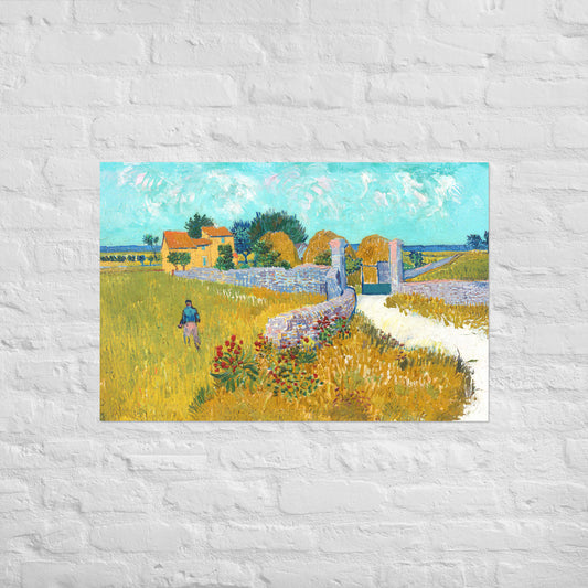 Van Gogh's 'Farmhouse in Provence' on a 24"x36" unframed poster print on a white brick wall.