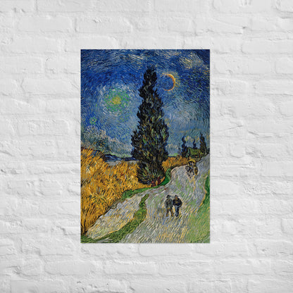 Van Gogh's 'Road with Cypress and Star' on a 24"x36" unframed poster print on a white brick wall.