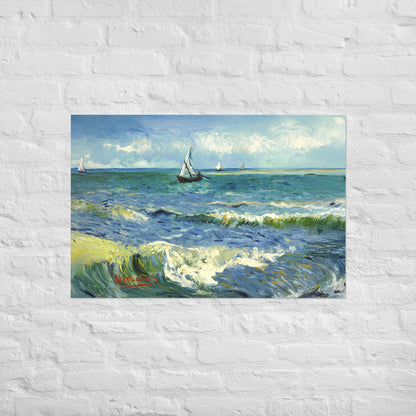 Van Gogh's 'The Sea at Les Saintes-Maries-de-la-Mer' on a 24"x36" unframed poster print on a white brick wall.