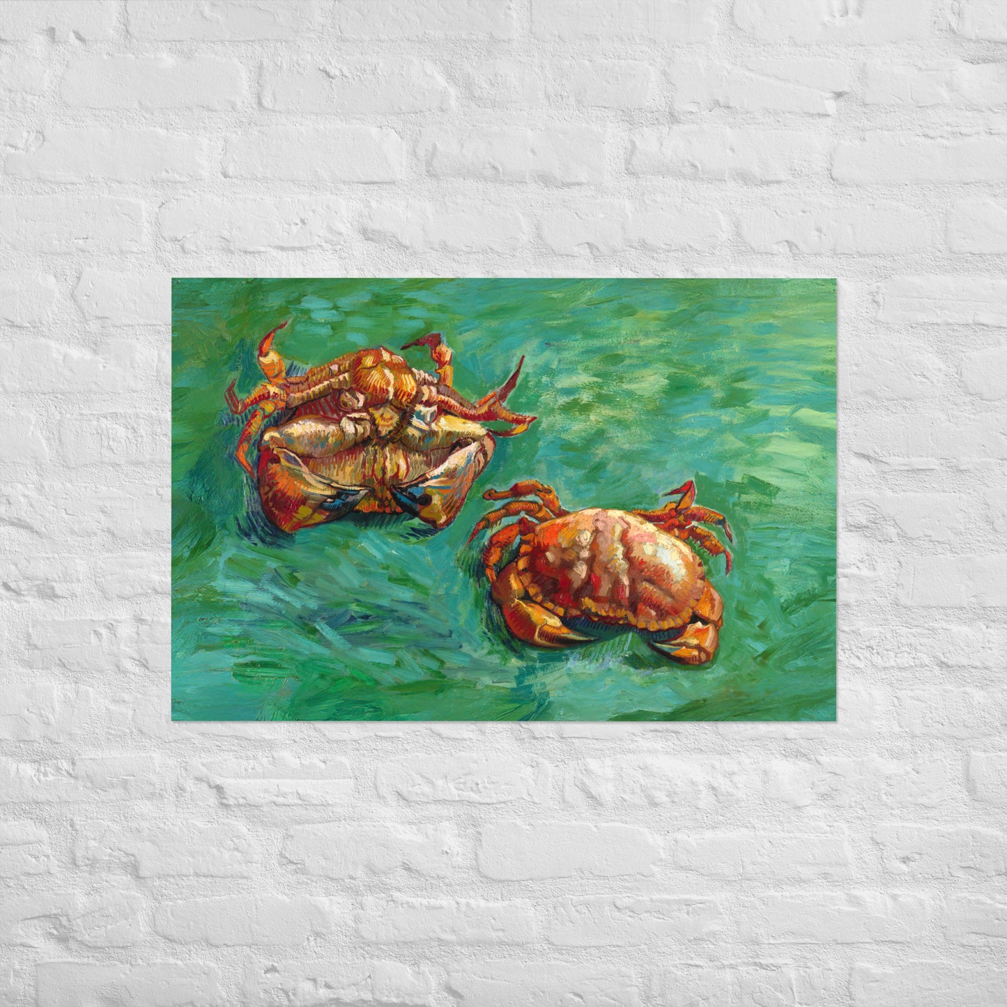 Van Gogh's 'Two Crabs' on a 24"x36" unframed poster print on a white brick wall.