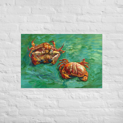 Van Gogh's 'Two Crabs' on a 24"x36" unframed poster print on a white brick wall.