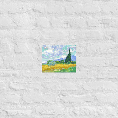 Van Gogh's 'Wheat Field with Cypresses' on a 8"x10" unframed poster print on a white brick wall.