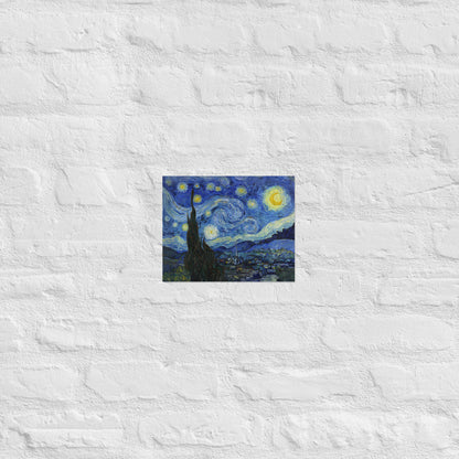 Van Gogh's 'Starry Night' on a 8"x10" unframed poster print on a white brick wall.