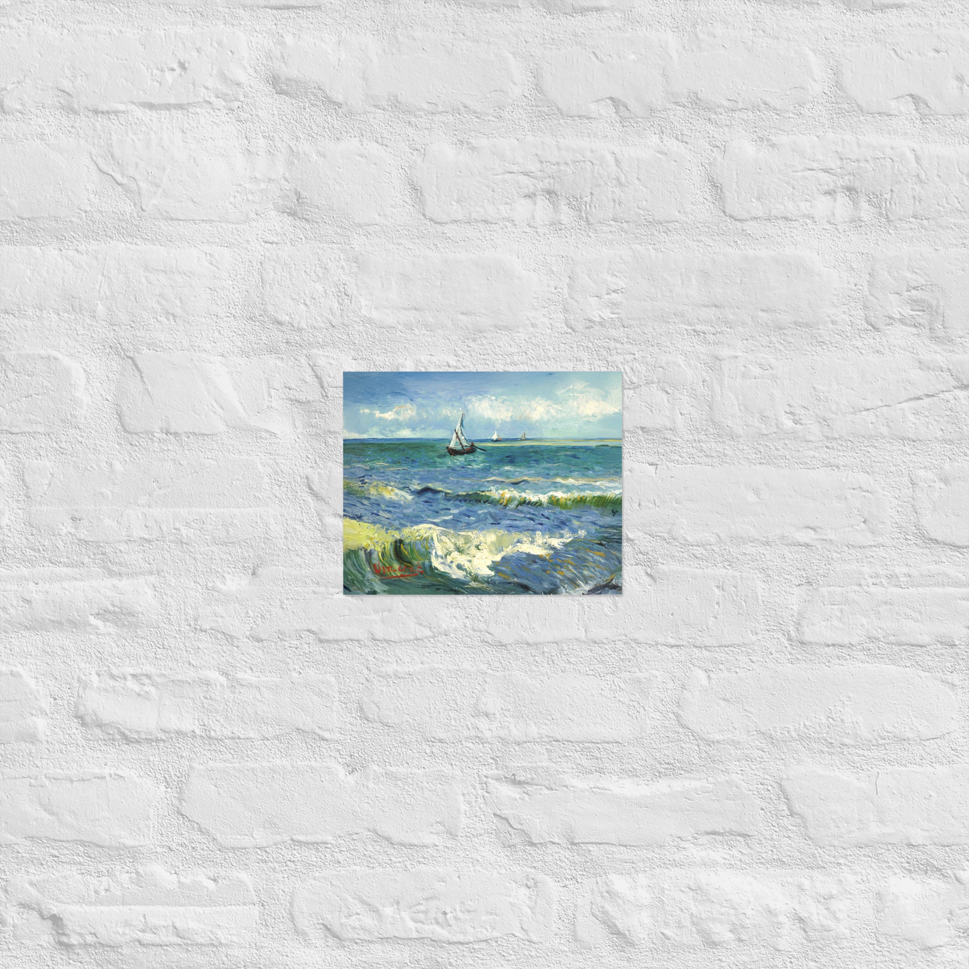 Van Gogh's 'The Sea at Les Saintes-Maries-de-la-Mer' on a 8"x10" unframed poster print on a white brick wall.
