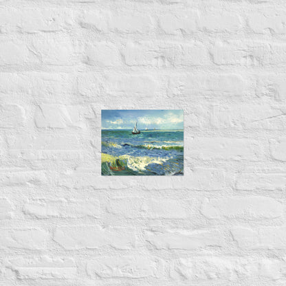 Van Gogh's 'The Sea at Les Saintes-Maries-de-la-Mer' on a 8"x10" unframed poster print on a white brick wall.