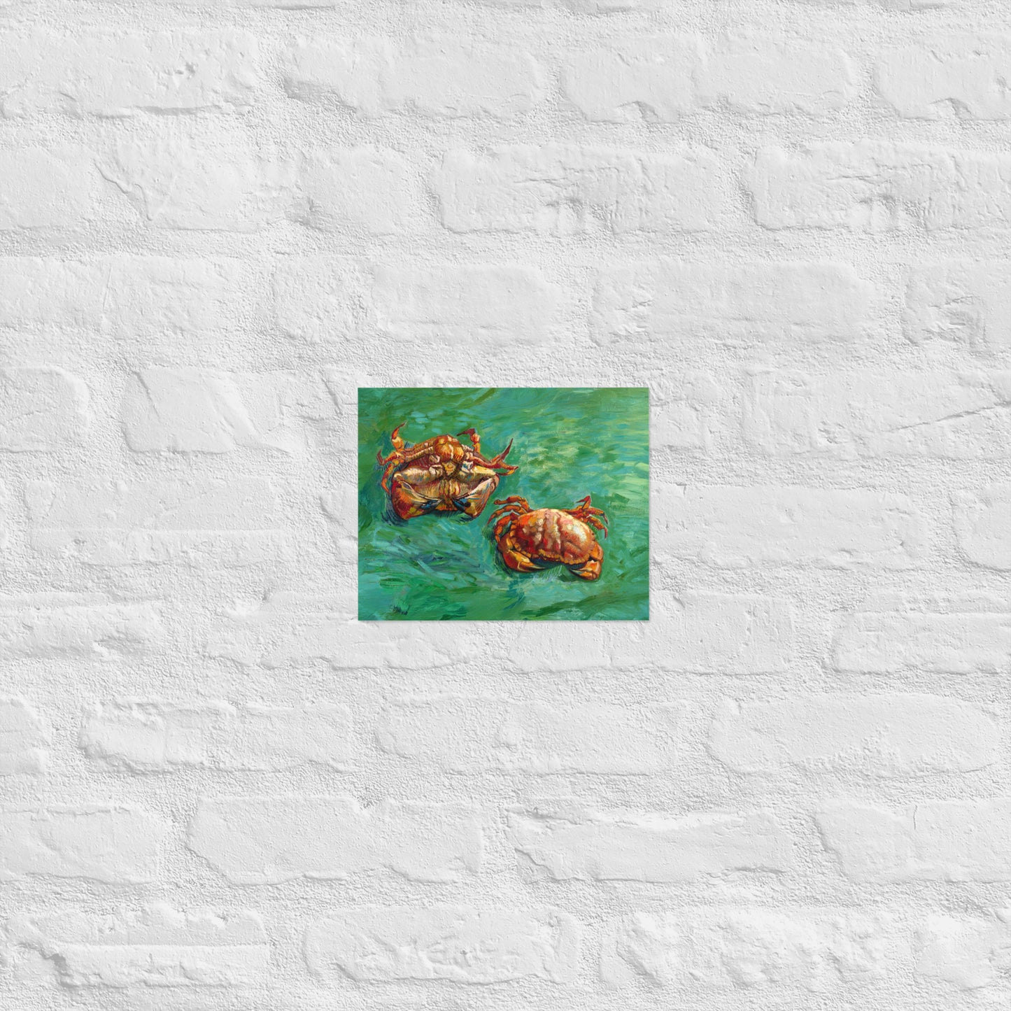 Van Gogh's 'Two Crabs' on a 8"x10" unframed poster print on a white brick wall.