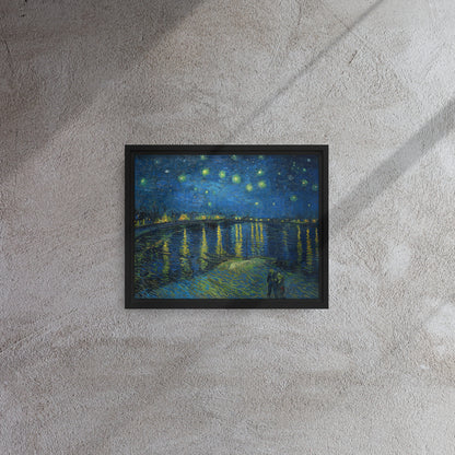 Van Gogh's 'Starry Night Over the Rhone' on a 11"x14" black framed canvas print on a textured gray wall.