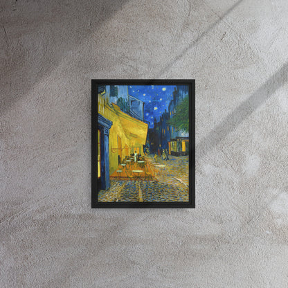 Van Gogh's 'Café Terrace at Night' on a 11"x14" black framed canvas print on a textured gray wall.