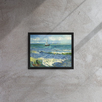 Van Gogh's 'The Sea at Les Saintes-Maries-de-la-Mer' on a 11"x14" black framed canvas print on a textured gray wall.