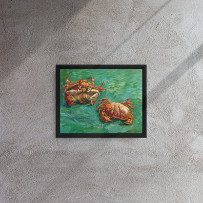 Van Gogh's 'Two Crabs' on a 11"x14" black framed canvas print on a textured gray wall.