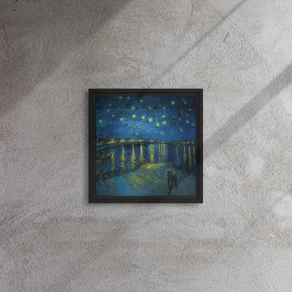 Van Gogh's 'Starry Night Over the Rhone' on a 12"x12" black framed canvas print on a textured gray wall.