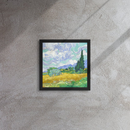 Van Gogh's 'Wheat Field with Cypresses' on a 12"x12" black framed canvas print on a textured gray wall.