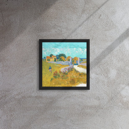 Van Gogh's 'Farmhouse in Provence' on a 12"x12" black framed canvas print on a textured gray wall.